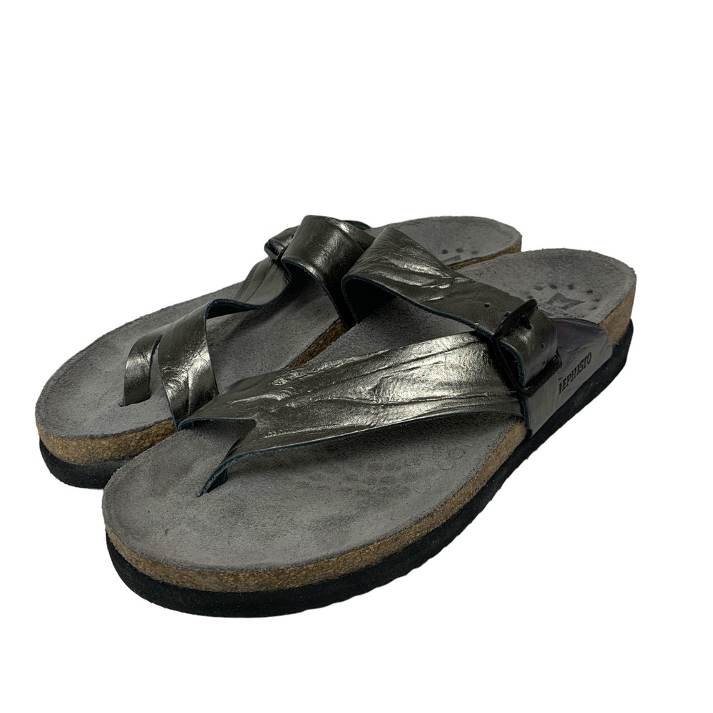 Mephisto Metallic Pewter Thong Sandals with Adjustable Strap - Picture 5 of 8